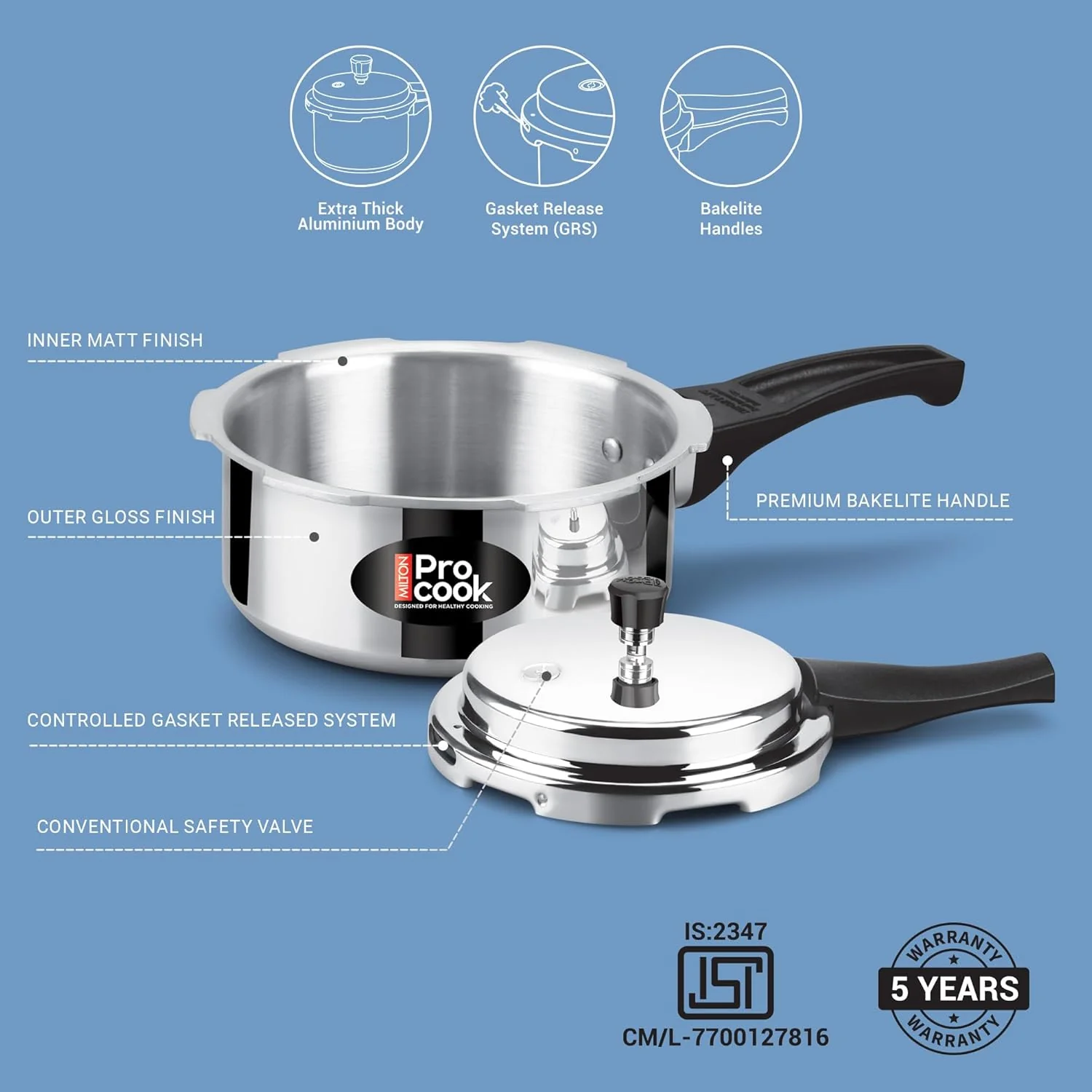 Pressure Cooker Aluminium Outer Lid Induction (Milton Procook) - Image 5